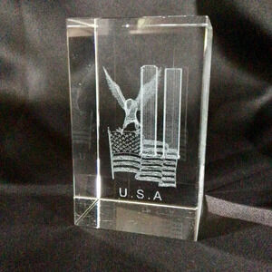 3D Laser Etched Cube Twin Towers with Eagle and American Flag
